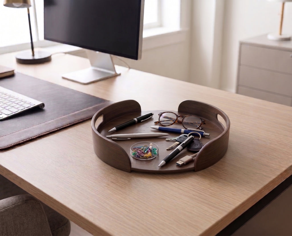 Premium Handcrafted Wooden Round Serving Tray – Matte Walnut Finish