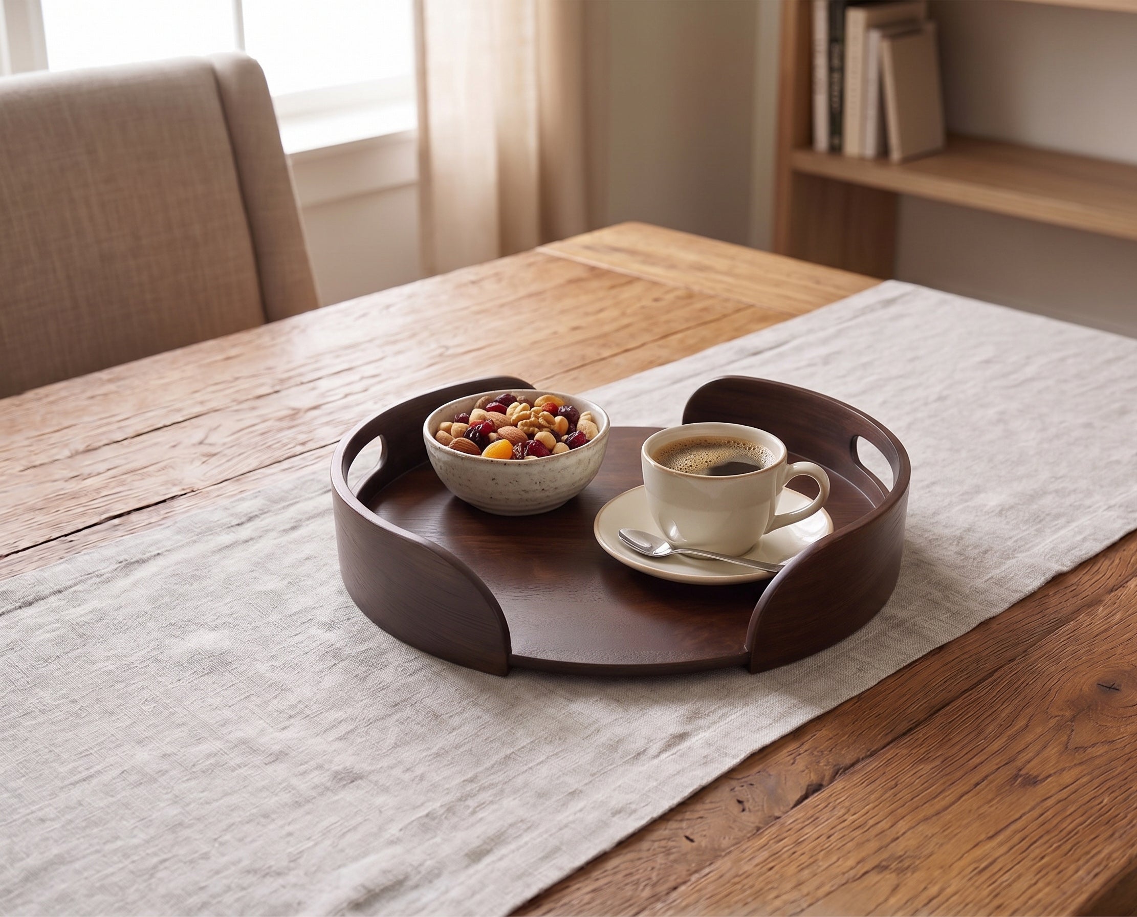 Premium Handcrafted Wooden Round Serving Tray – Matte Walnut Finish