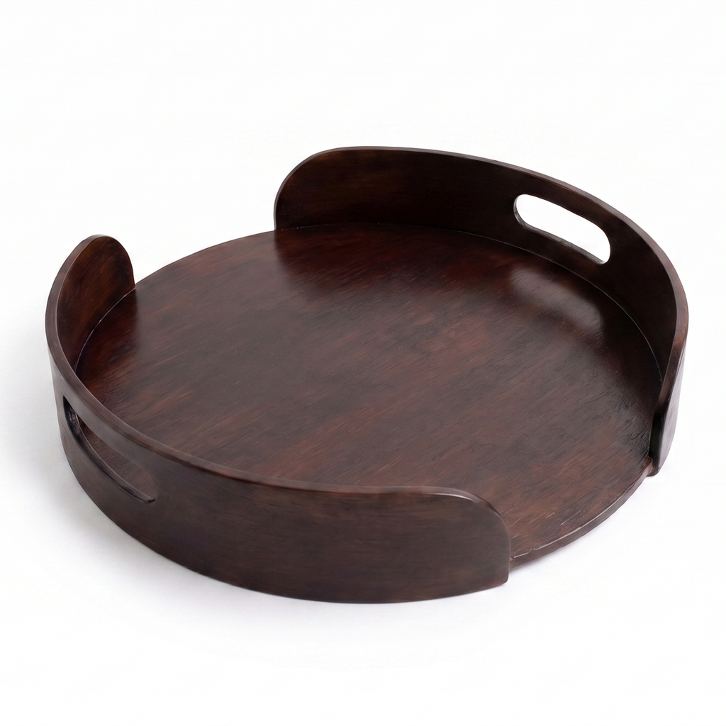 Premium Handcrafted Wooden Round Serving Tray – Matte Walnut Finish
